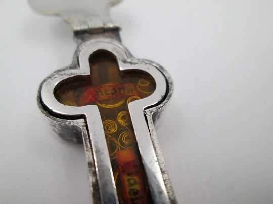 Pilgrim's cross with reliquary. Silver plated metal. Spain. 1940's