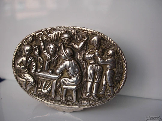 Pillbox. 1970's. Sterling silver vermeil. High relief. Tavern