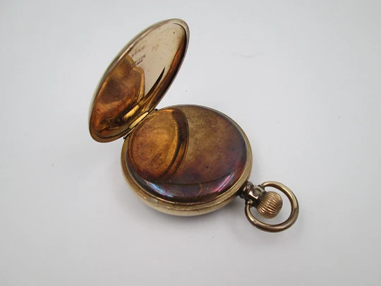 Pinnacle open-face pocket watch. Gold plated metal. Stem winding. England / Swiss. 1930's