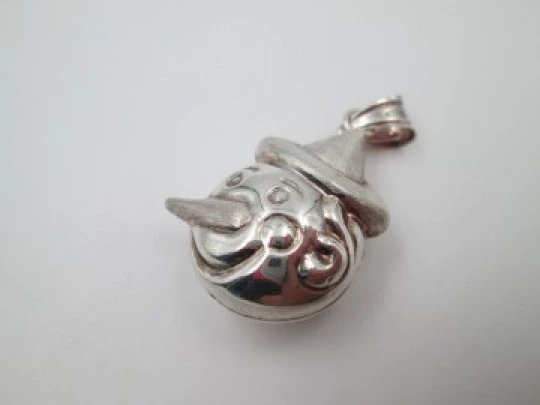 Pinocchio women's pendant. Glossy and satin sterling silver. Ring top. 1990's