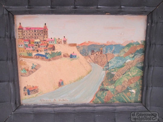 Pintura Alcázar de Toledo. Miniatura. 1970. Sellos. Marco negro