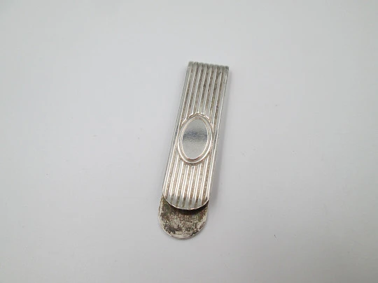 Pinza clip sujeta billetes Pedro Durán. Plata de ley 925. Acanalados y medallón. 1980