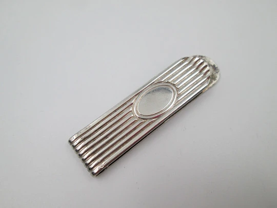 Pinza clip sujeta billetes Pedro Durán. Plata de ley 925. Acanalados y medallón. 1980
