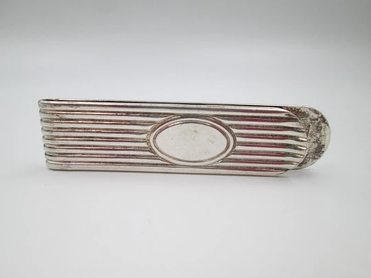 Pinza clip sujeta billetes Pedro Durán. Plata de ley 925. Acanalados y medallón. 1980