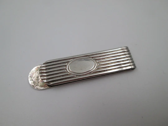 Pinza clip sujeta billetes Pedro Durán. Plata de ley 925. Acanalados y medallón. 1980