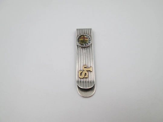 Pinza clip sujeta billetes. Plata de ley y oro. Acanalados y escudo Alfa Romeo. 1980 Pinza clip sujeta billetes. Plata de ley y oro. Acanalados y escudo Alfa Romeo. 1980