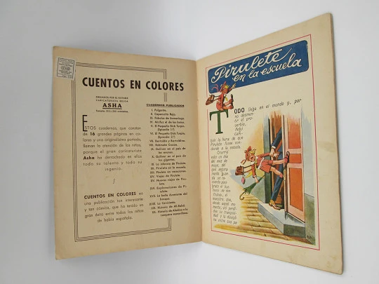 Pirulete en la escuela. Ramón Sopena. Dibujos Asha. Cuentos color. 1930