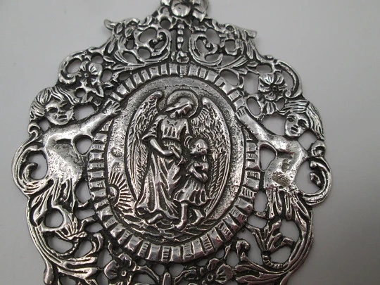 Placa colgante pared. Plata de ley. Ángel de la Guarda y querubines. 1980