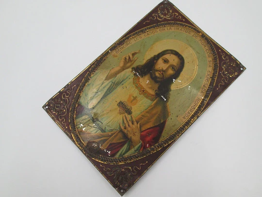 Placa Corazón de Jesús. Hojalata litografiada. 1940. Industria Barña