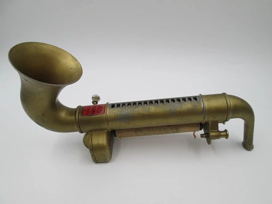 Playasax mechanical saxophone toy. QRS DeVry Corporation. Gold plated. 1930's