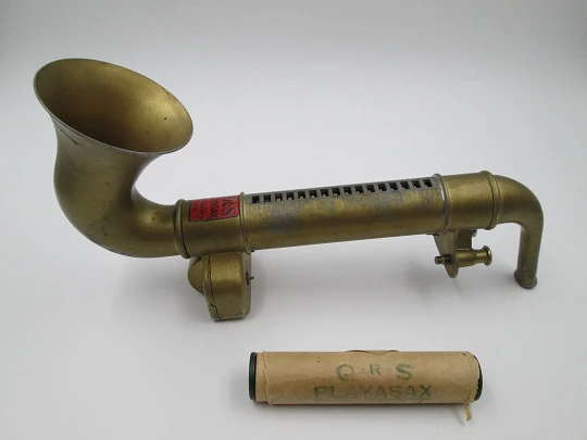 Playasax mechanical saxophone toy. QRS DeVry Corporation. Gold plated. 1930's