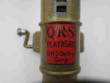 Playasax mechanical saxophone toy. QRS DeVry Corporation. Gold plated. 1930's
