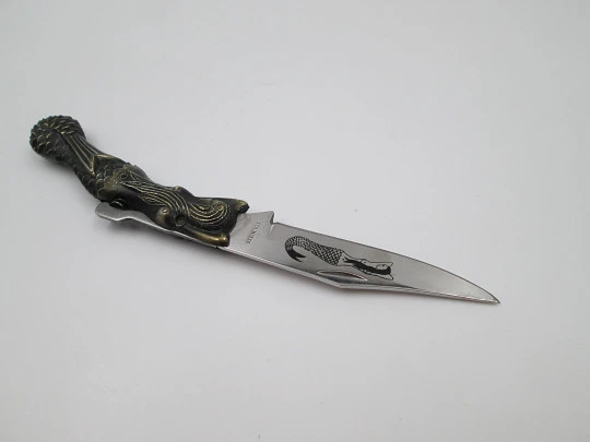 Pocket knife. Bronze and steel. Handle and mermaid engraving. Lock system. 1980's