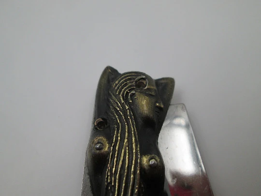 Pocket knife. Bronze and steel. Handle and mermaid engraving. Lock system. 1980's