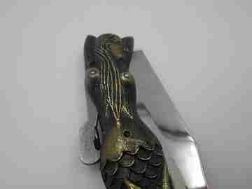 Pocket knife. Bronze and steel. Handle and mermaid engraving. Lock system. 1980's