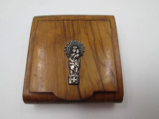 Pocket rosary box. Root wood and sterling silver. Virgin with Child. Front lid. 1940's