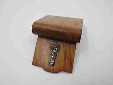 Pocket rosary box. Root wood and sterling silver. Virgin with Child. Front lid. 1940's