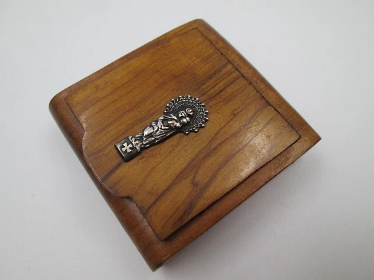 Pocket rosary box. Root wood and sterling silver. Virgin with Child. Front lid. 1940's