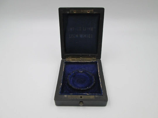 Pocket watch box. Black wood and bronze details. Blue velvet and silk. Europe. 1900's