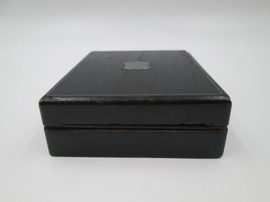 Pocket watch box. Black wood and bronze details. Blue velvet and silk. Europe. 1900's