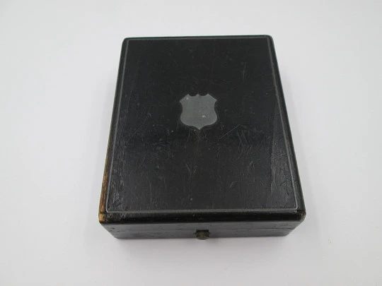 Pocket watch box. Black wood and bronze details. Blue velvet and silk. Europe. 1900's