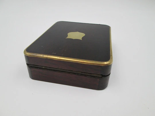 Pocket watch box. Walnut wood and bronze details. Blue velvet and silk. Swiss. 1900's