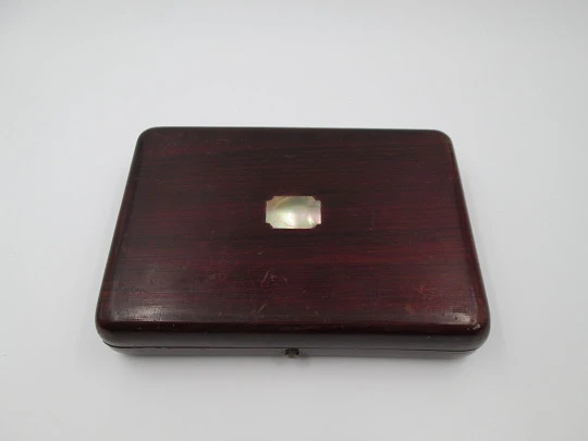 Pocket watch box. Wood, velvet and metal details. 1920's. Europe. Button clasp