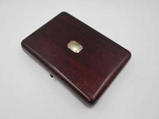 Pocket watch box. Wood, velvet and metal details. 1920's. Europe. Button clasp