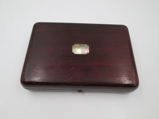 Pocket watch box. Wood, velvet and metal details. 1920's. Europe. Button clasp