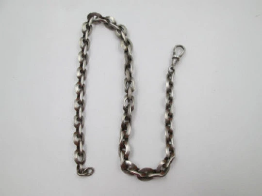 Pocket watch braided link chain. Sterling silver. Carabiner clasp. Europe. 1900's