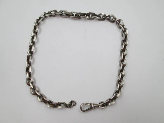 Pocket watch braided link chain. Sterling silver. Carabiner clasp. Europe. 1900's