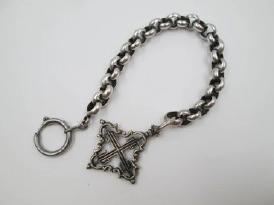 Pocket watch braided link chain. Sterling silver. Cross pendant. Ring