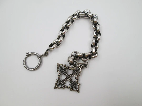 Pocket watch braided link chain. Sterling silver. Cross pendant. Ring