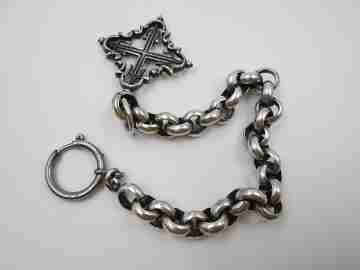 Pocket watch braided link chain. Sterling silver. Cross pendant. Ring