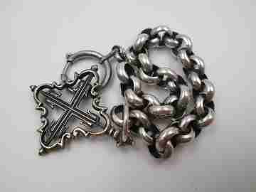 Pocket watch braided link chain. Sterling silver. Cross pendant. Ring