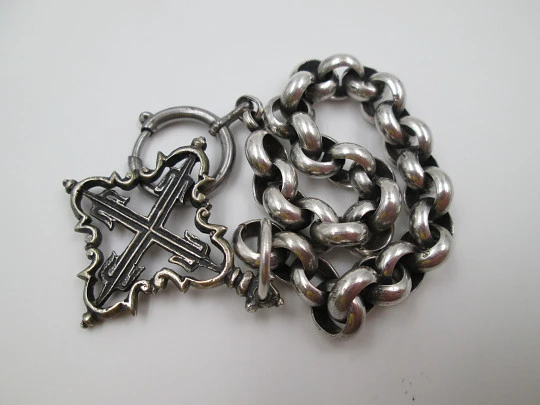 Pocket watch braided link chain. Sterling silver. Cross pendant. Ring