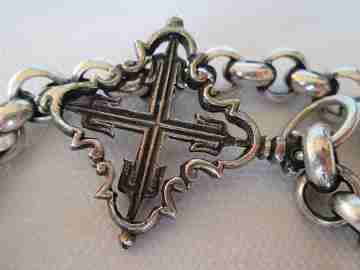 Pocket watch braided link chain. Sterling silver. Cross pendant. Ring