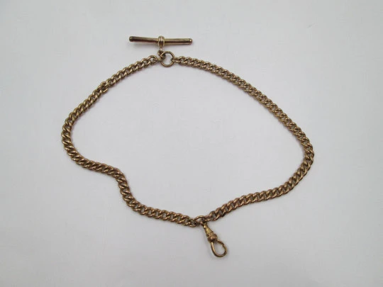 Pocket watch braided links chain. Gold plated metal. Carabiner and T Bar. Europe. 1930's