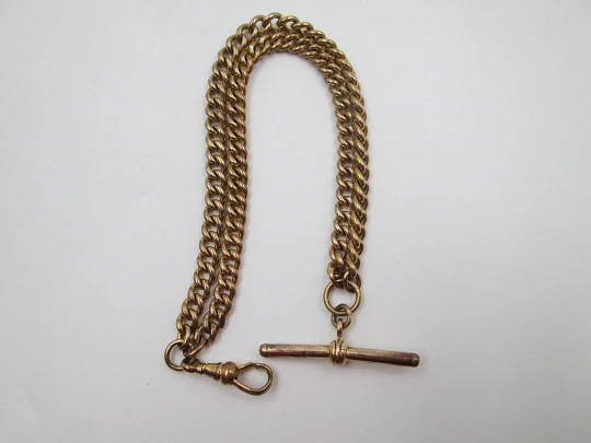 Pocket watch braided links chain. Gold plated metal. Carabiner and T Bar. Europe. 1930's