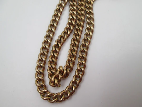 Pocket watch braided links chain. Gold plated metal. Carabiner and T Bar. Europe. 1930's