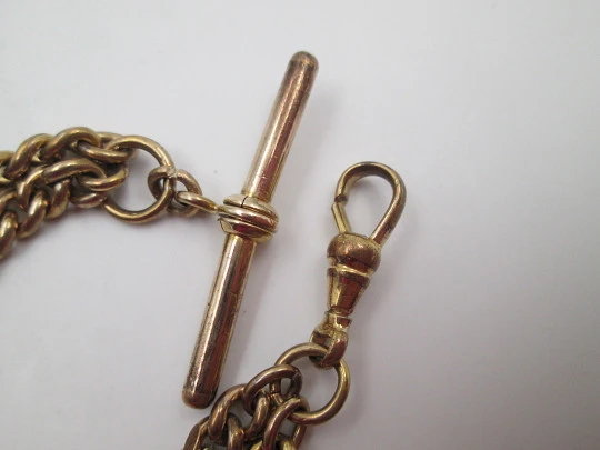 Pocket watch braided links chain. Gold plated metal. Carabiner and T Bar. Europe. 1930's
