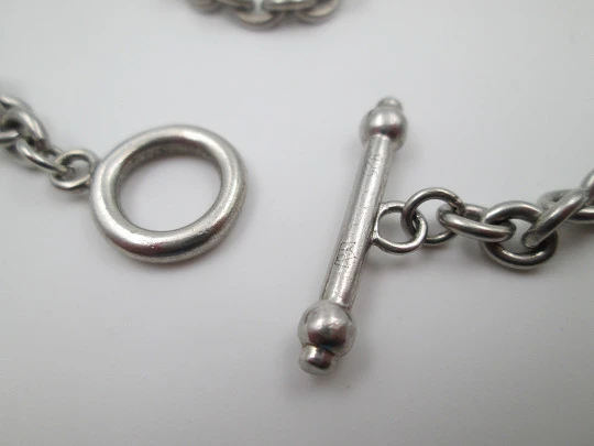 Pocket watch braided links chain. Silver plated metal. Ring and T Bar. Europe. 1930's