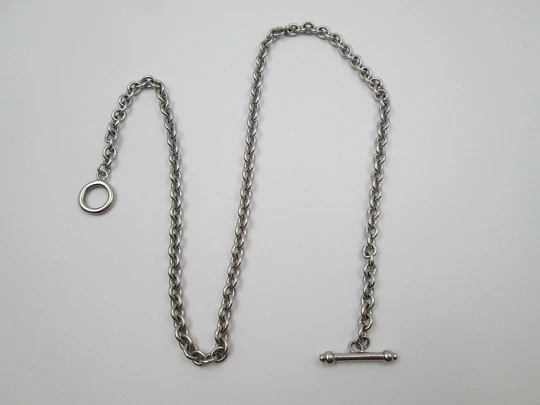 Pocket watch braided links chain. Silver plated metal. Ring and T Bar. Europe. 1930's