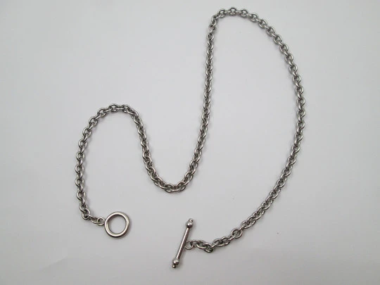 Pocket watch braided links chain. Silver plated metal. Ring and T Bar. Europe. 1930's