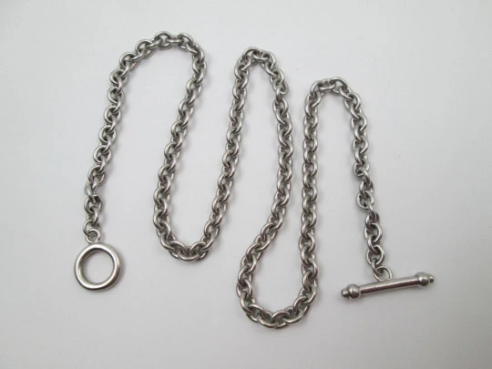 Pocket watch braided links chain. Silver plated metal. Ring and T Bar. Europe. 1930's