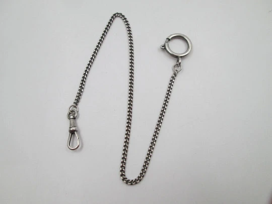 Pocket watch braided links chain. Silver plated metal. Spring ring clasp. Europe. 1960's
