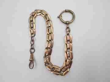 Pocket watch chain. Braided links. Gold plated metal. Bolt ring and lobster clasp. 1910's