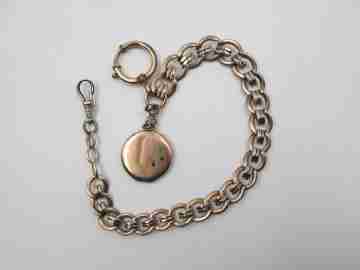 Pocket watch chain. Braided links. Gold plated. Picture frame pendant. 1910