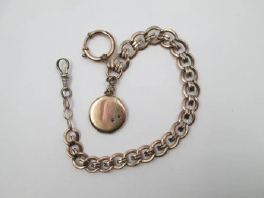 Pocket watch chain. Braided links. Gold plated. Picture frame pendant. 1910