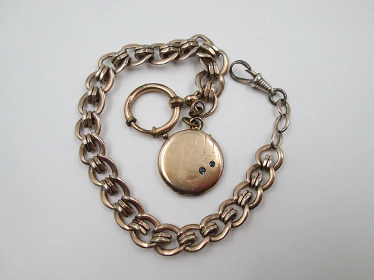 Pocket watch chain. Braided links. Gold plated. Picture frame pendant. 1910